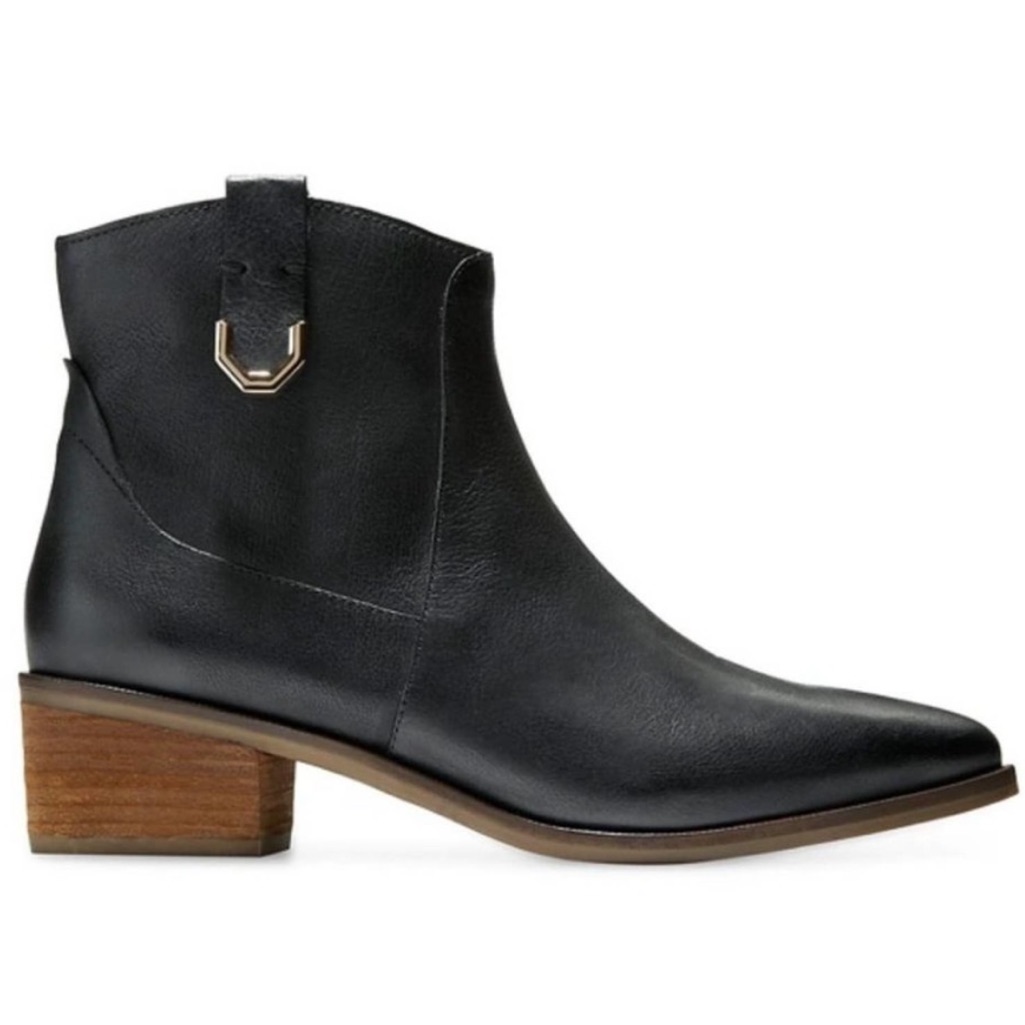 Cole Haan Maci Black Leather Heeled Ankle Booties W/ Gold Accent